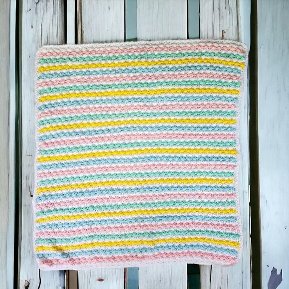 Handmade Crocheted Baby Afghan Pastel Striped Blanket 33" x 35" Swaddle Bassinet - Picture 5 of 5